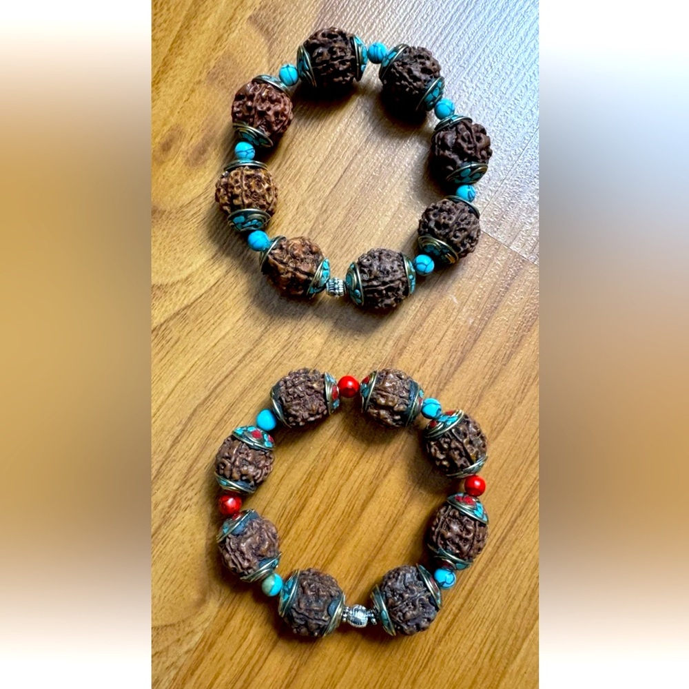 Vintage 2 Rudraksha Beads Yoga Bracelets Capped With Inlay Turquoise & Coral. - Picture 4 of 7